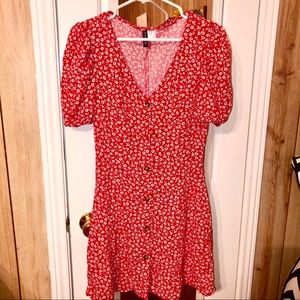 Red floral button up dress